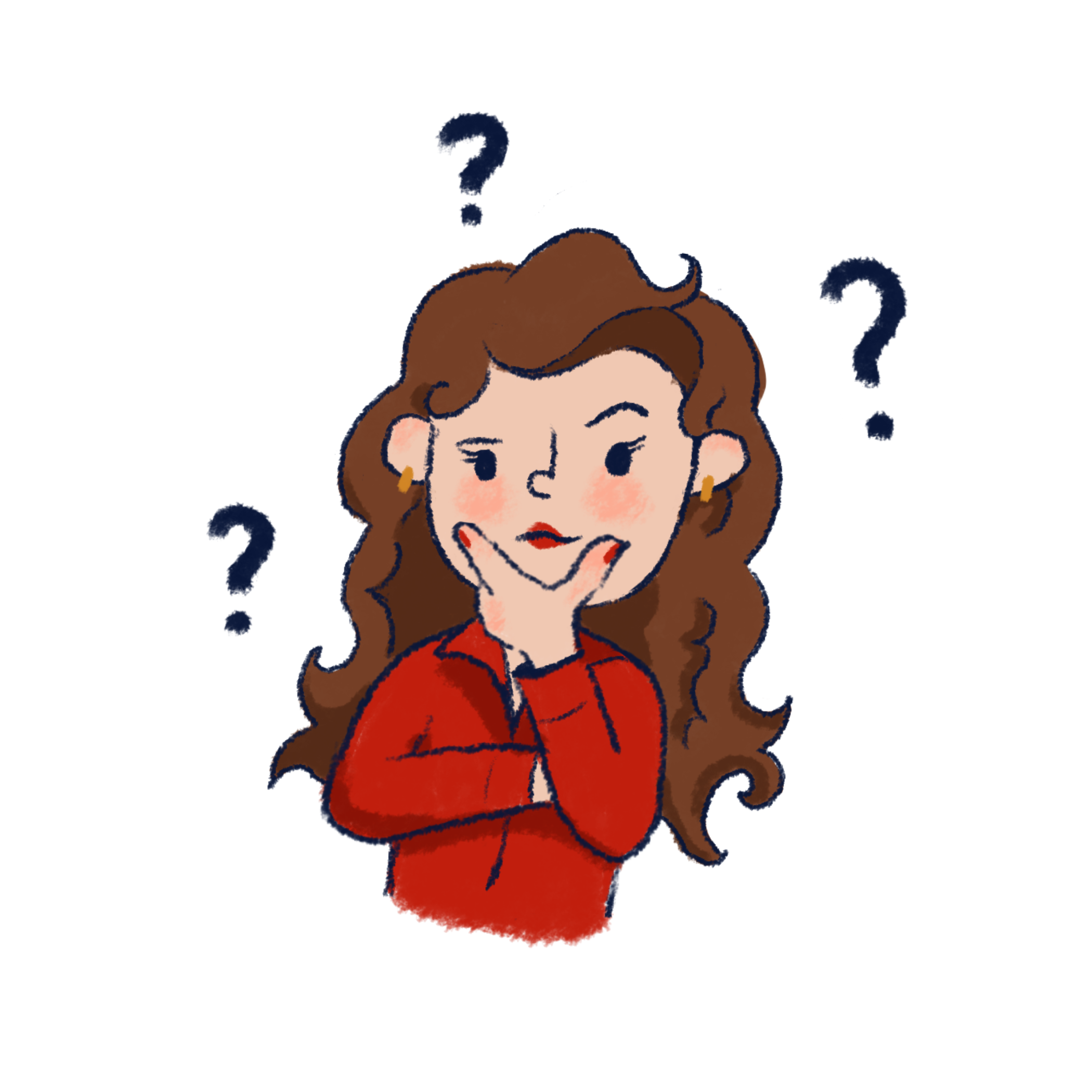 Illustration of Nora surrounded by question marks