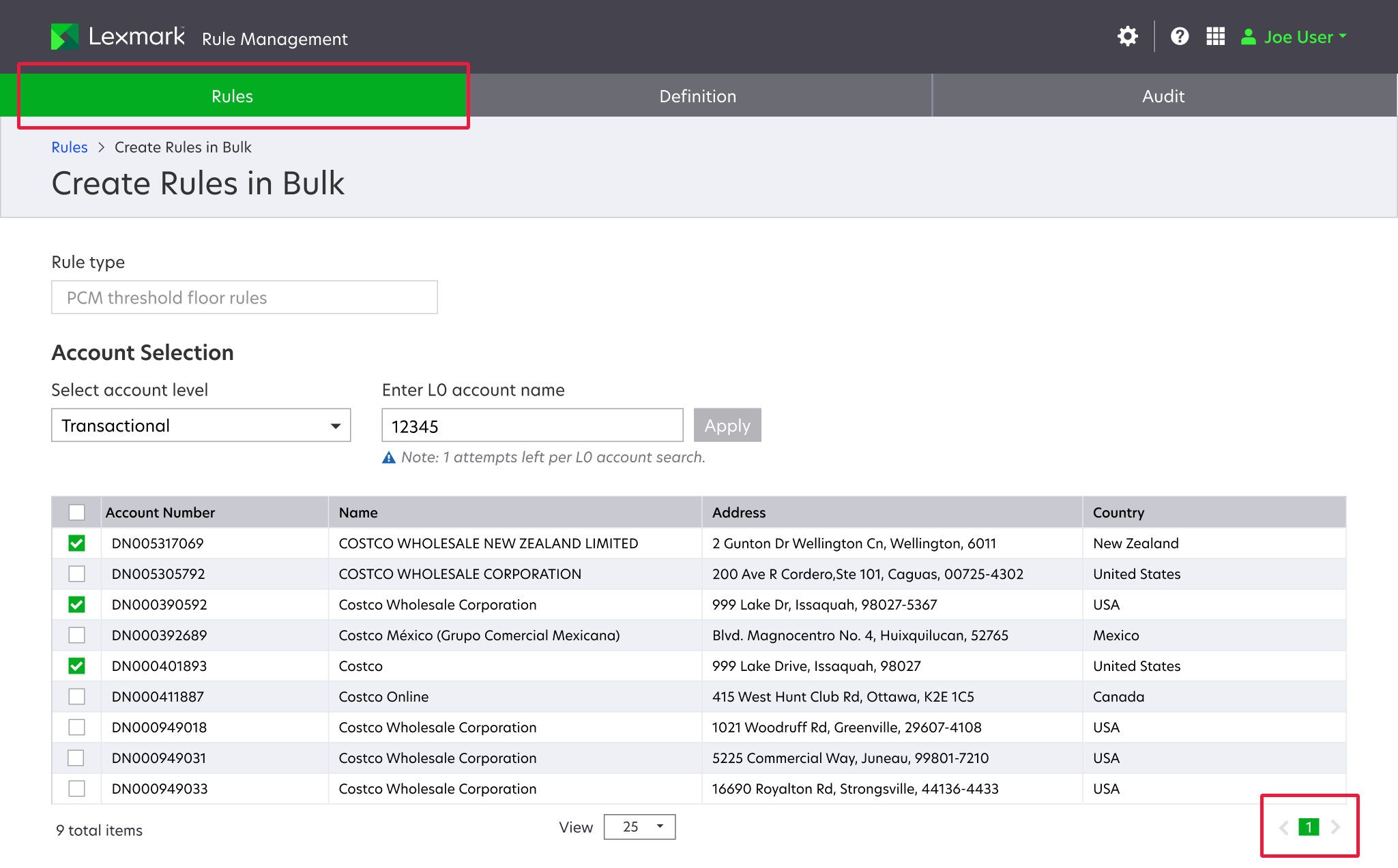 Accessibility audit of Rules Management showing failures